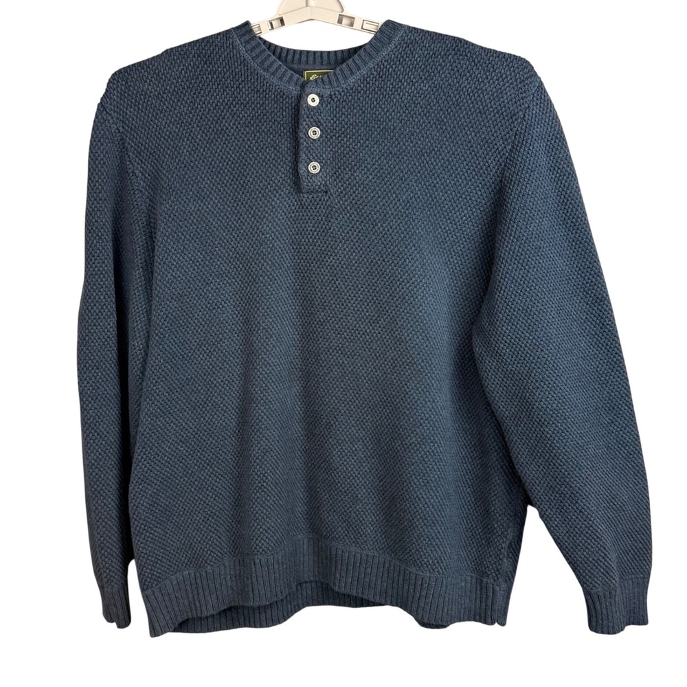 Eddie Bauer Henley Sweater Mens 3XL Blue 100% Cotton Textured Knit Pullover